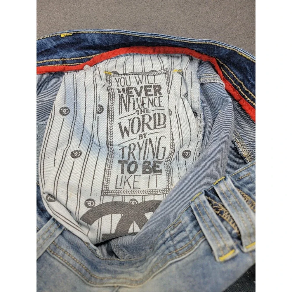 Frost Origin Shorts Mens 38 Blue Distressed Ripped Denim Yellow Patch Streetwear